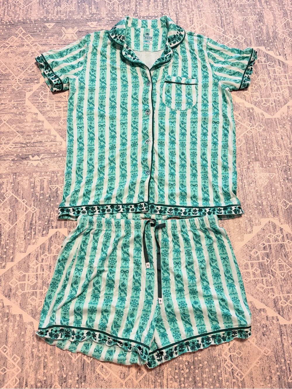 Pink Palm Puff Holiday Pajamas in Evergreen, Large